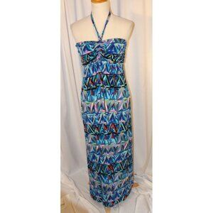 Nicole Miller size XL Blue Multi Geometric Print Halter Maxi Dress Sundress